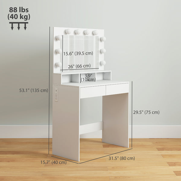 Coiffeuse avec miroir à éclairage LED, station de charge et tiroirs, blanche