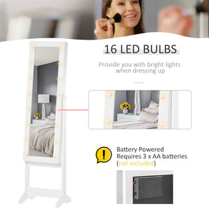 Armoire à bijoux sur pied avec miroir éclairé, angle réglable et 16 LED, blanc chaud