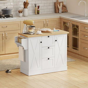 Farmhouse style kitchen island with electrical outlet, soft-close doors, and 3 drawers, white