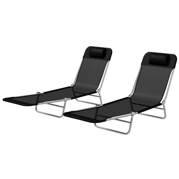 Folding Outdoor Lounge Chair Set of 2, Reclining Tanning Chair with 5-Position Adjustable Backrest, Black