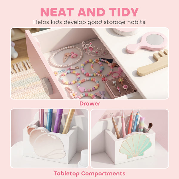 Coiffeuse pour enfant avec miroir lumineux, tabouret et 7 accessoires, rose