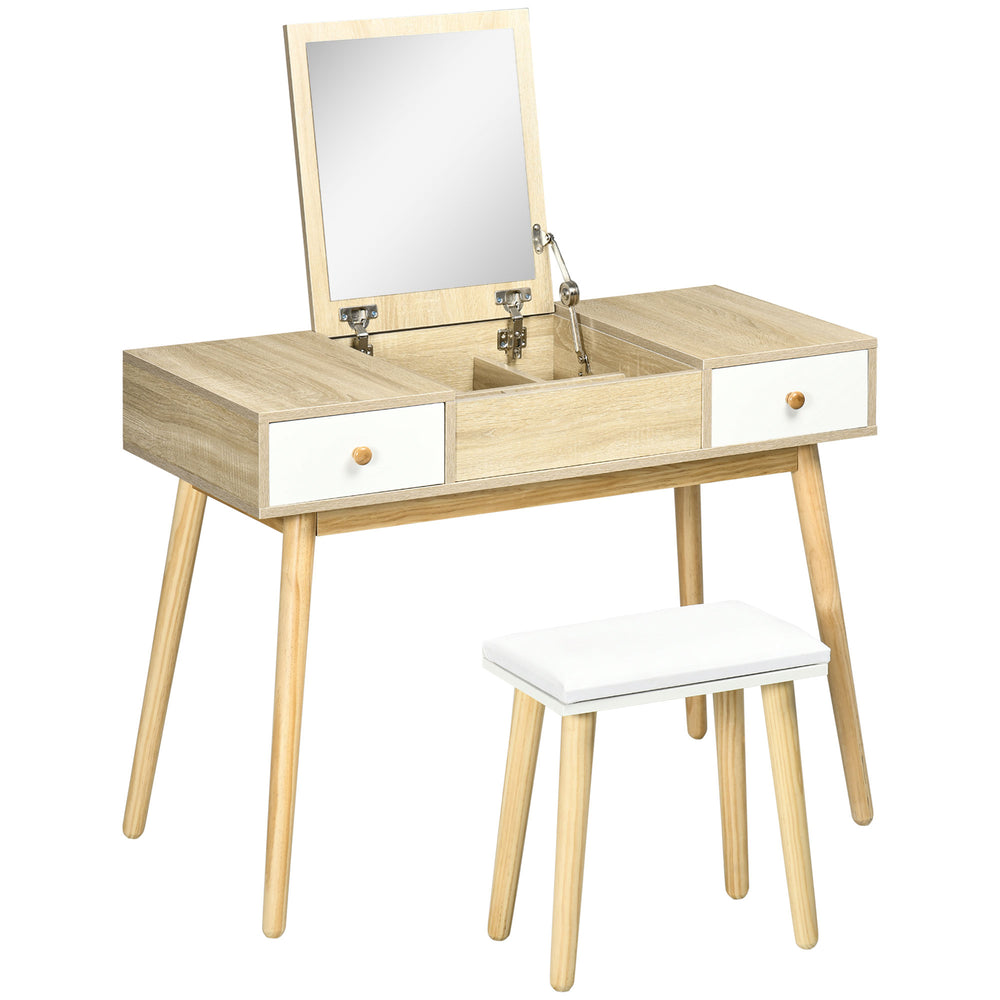 Coiffeuse avec miroir rabattable et tabouret rembourré, naturel