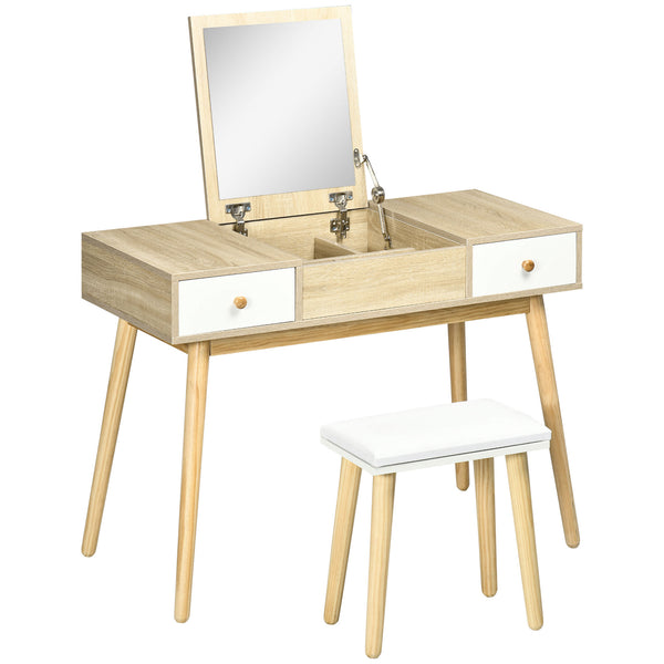 Coiffeuse avec miroir rabattable et tabouret rembourré, naturel