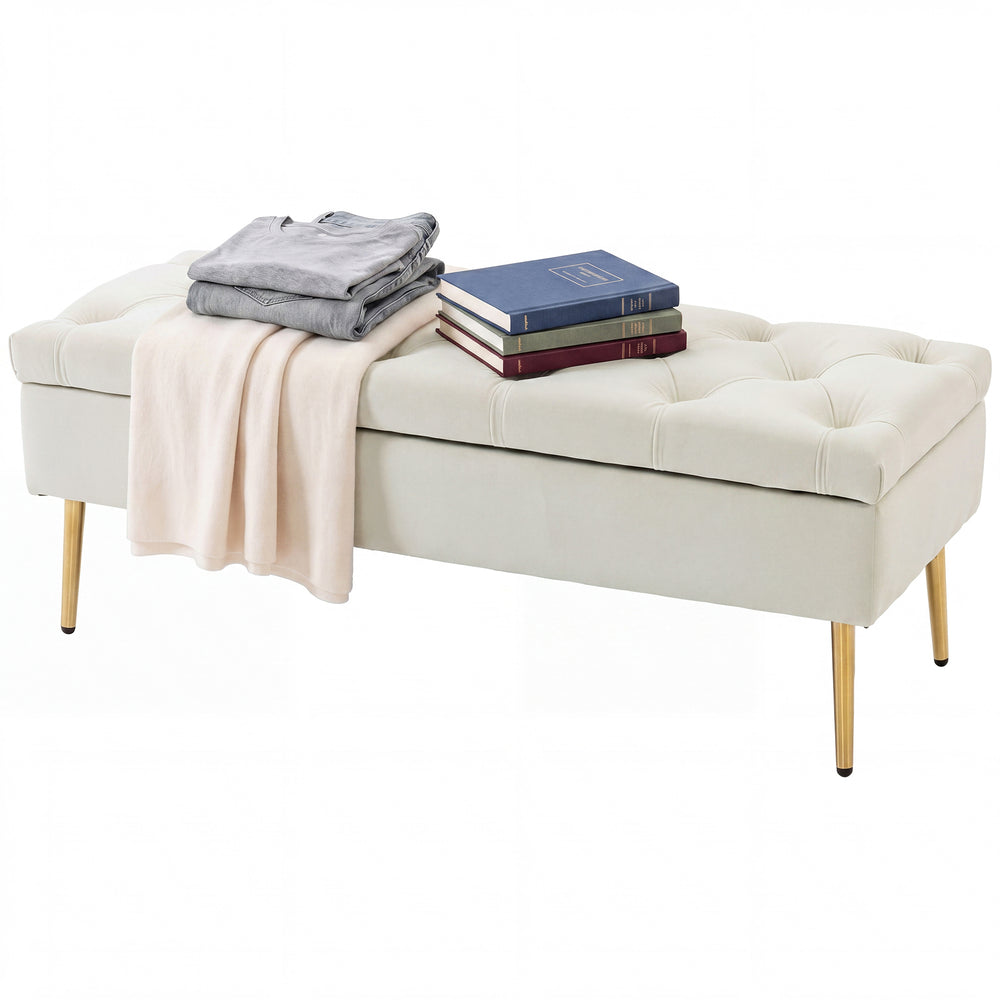 Banc de chambre capitonné avec pieds en métal doré et rembourrage épais, beige