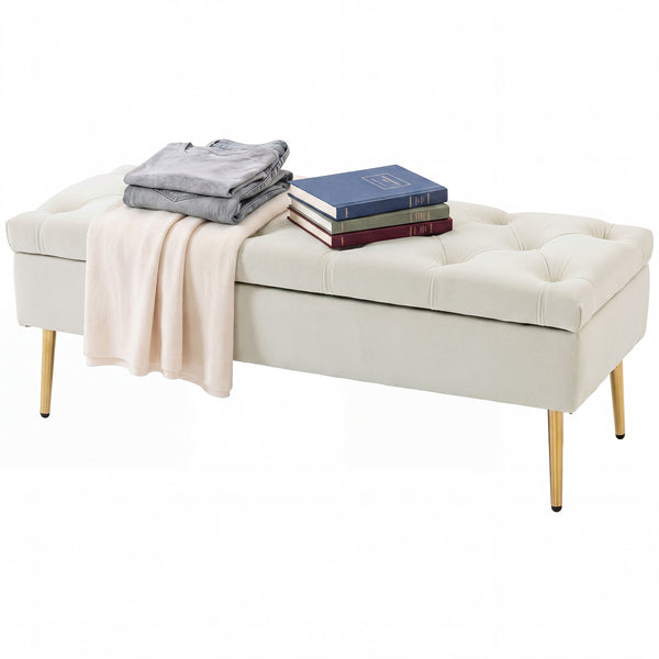 Banc de chambre capitonné avec pieds en métal doré et rembourrage épais, beige
