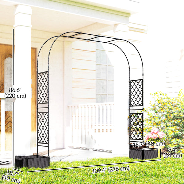 Garden arch with trellis and 2 planters, black