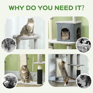 Arbre à chat de 132 cm avec griffoirs, panier, niche, brosse de toilettage, gris