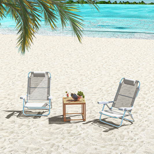 Lot de 2 chaises de plage, chaises de camping avec dossier et appui-tête réglables, gris clair