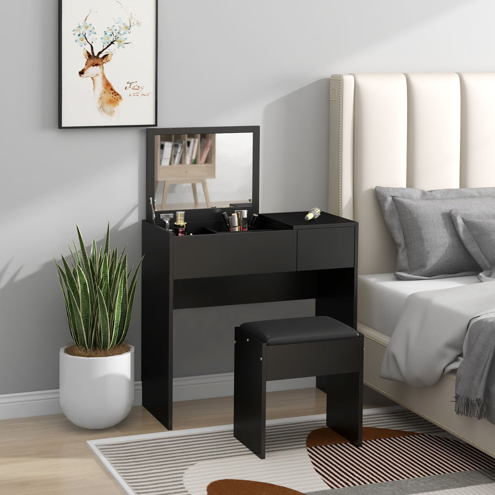 Coiffeuse moderne avec miroir rabattable et tabouret rembourré, noir