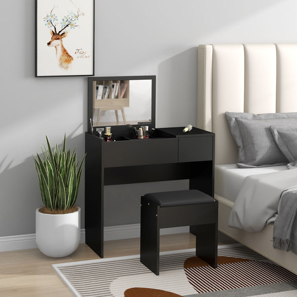 Coiffeuse moderne avec miroir rabattable et tabouret rembourré, noir