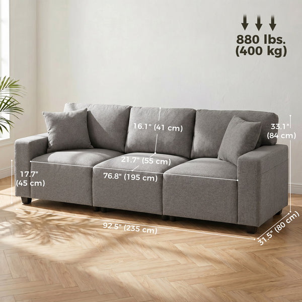 Canapé 3 places avec poches de rangement, moderne rembourré avec ressorts ensachés, gris