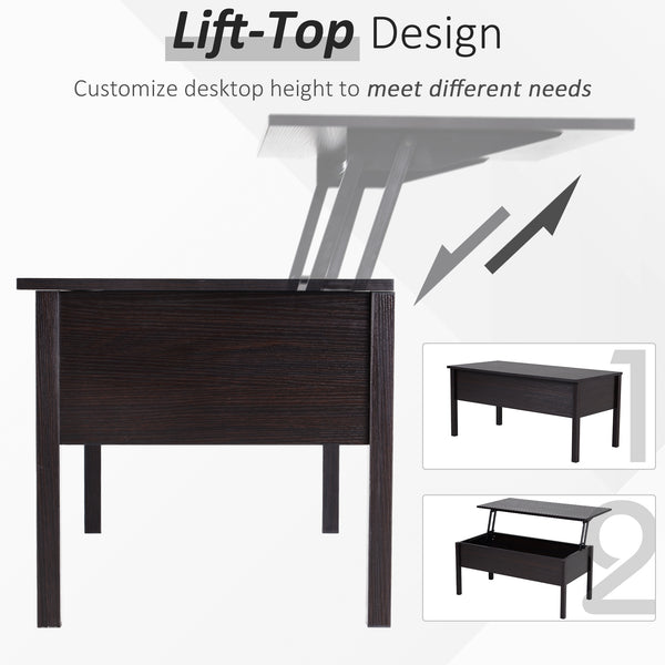 Table basse moderne avec plateau relevable et compartiment de rangement dissimulé, marron