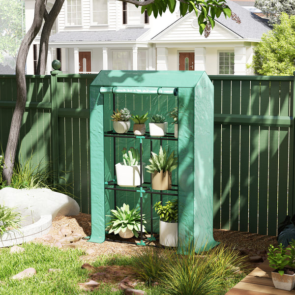 Mini greenhouse with 3 tiered shelves and 3 roll-up doors
