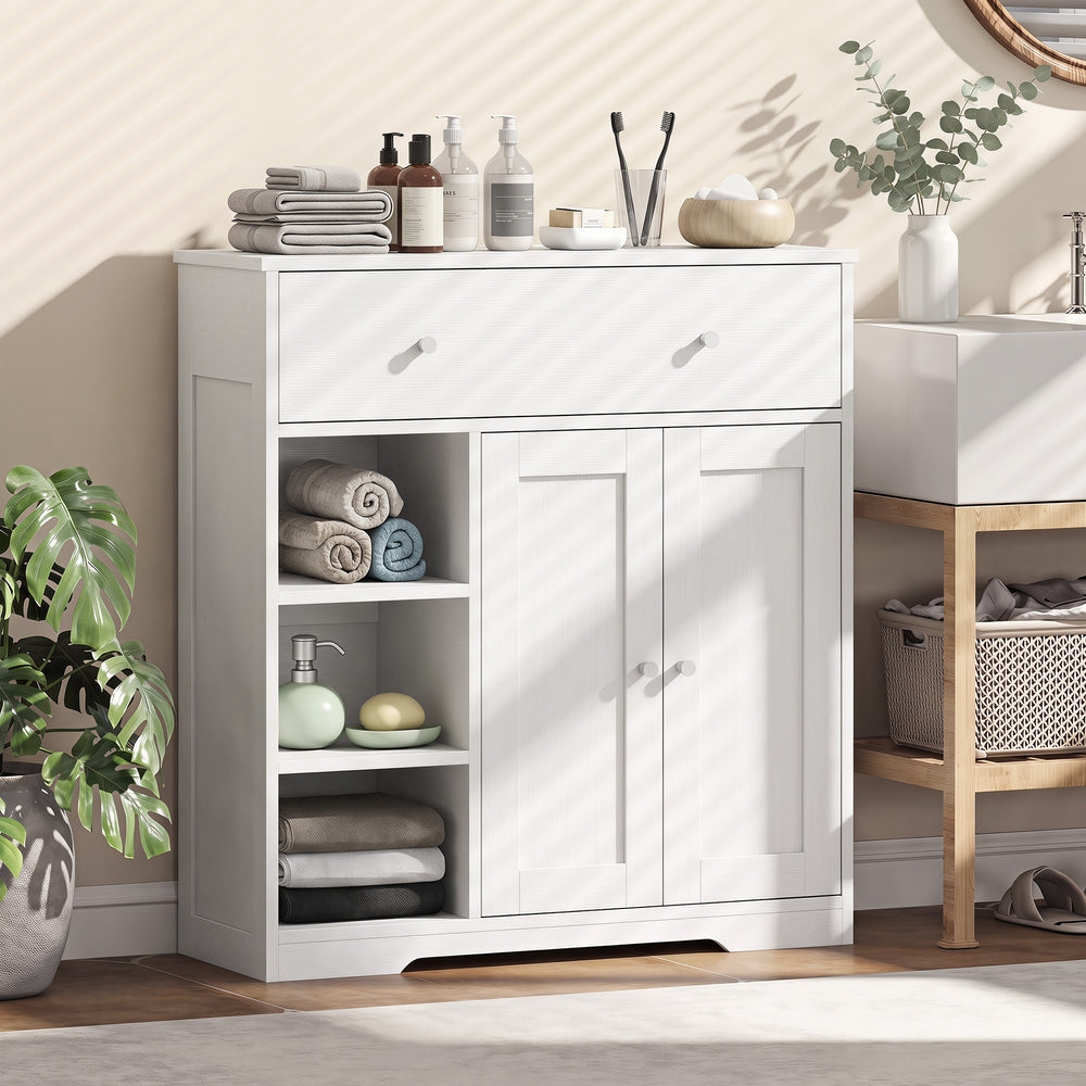 Bathroom storage cabinet with drawer and open compartments, white