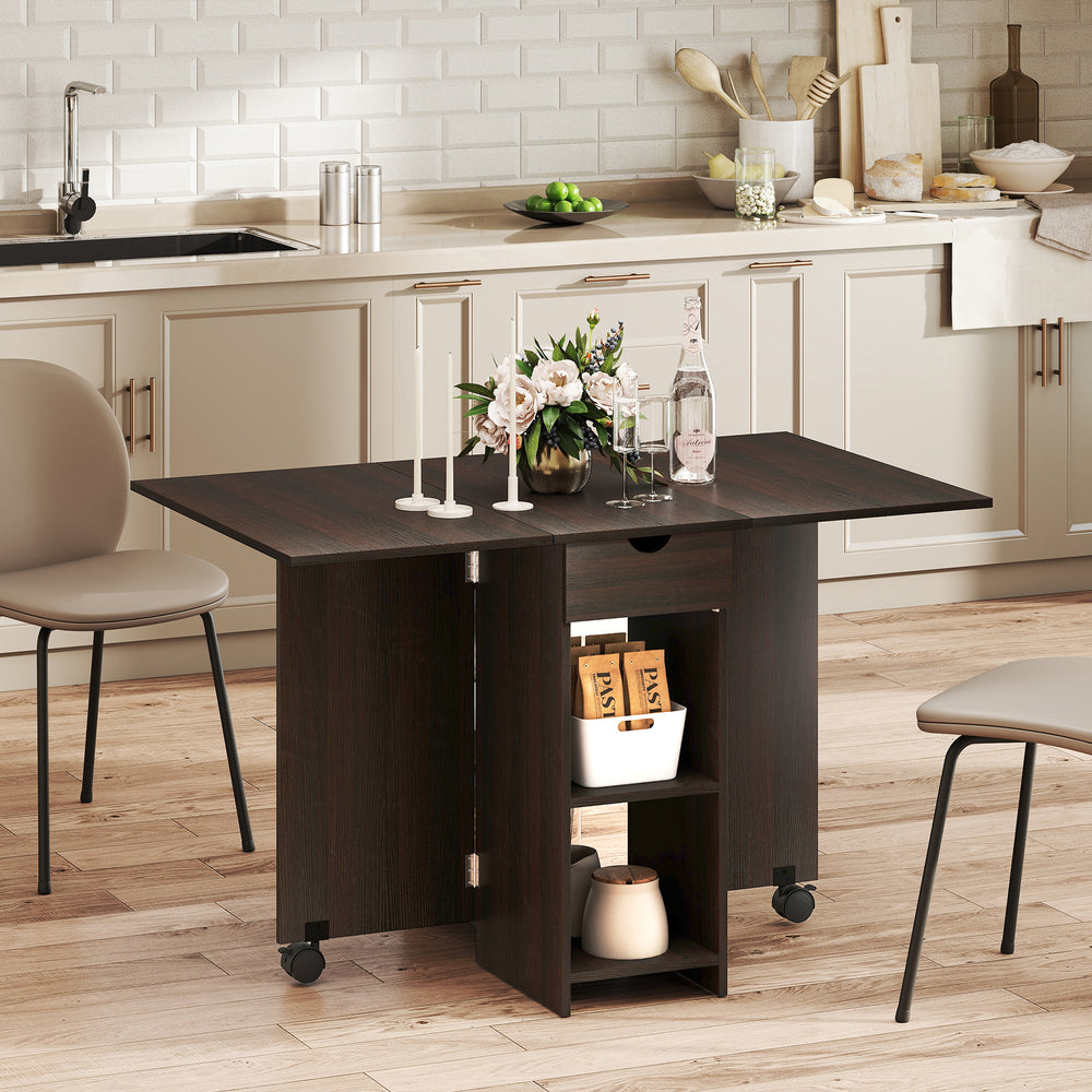 Table à manger pliante avec tiroir et étagères de rangement marron foncé