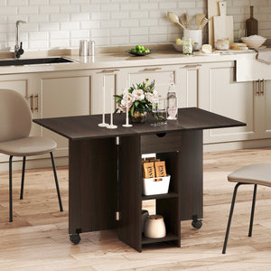 Table à manger pliante avec tiroir et étagères de rangement marron foncé