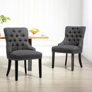 Lot de 2 chaises de salle à manger en lin avec bordure cloutée et pieds en bois, gris foncé
