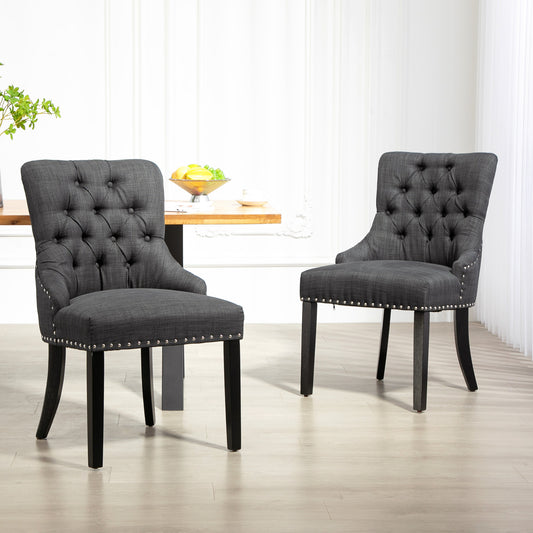 Lot de 2 chaises de salle à manger en lin avec bordure cloutée et pieds en bois, gris foncé