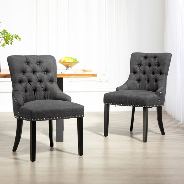 Lot de 2 chaises de salle à manger en lin avec bordure cloutée et pieds en bois, gris foncé