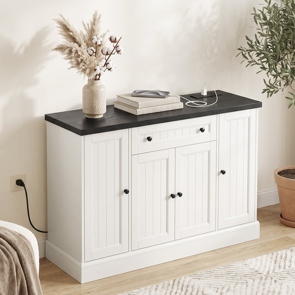 47" Farmhouse Sideboard Buffet Cabinet with Charging Station, Coffee Bar Cabinet with 3 Adjustable Shelves, White
