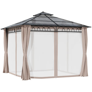 Gazebo 9' x 10' avec toit rigide double PC, structure en acier, filets et rideaux pour terrasse de jardin, kaki