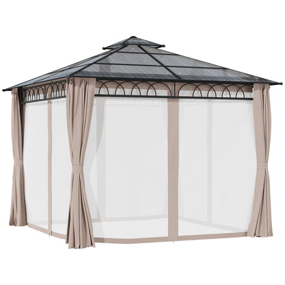 Outsunny 9' x 10' Outdoor Gazebo with Double PC Hardtop, Steel Frame, Netting &amp; Curtains for Garden Patio, Khaki