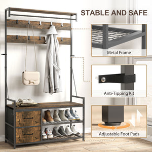 Meuble d'entrée 6 en 1 avec banc et rangement à chaussures, marron rustique