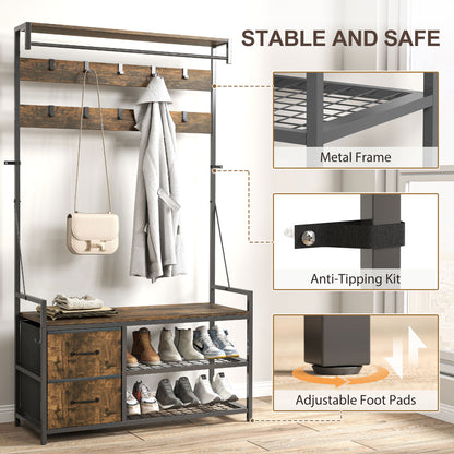 Meuble d'entrée 6 en 1 avec banc et rangement à chaussures, marron rustique
