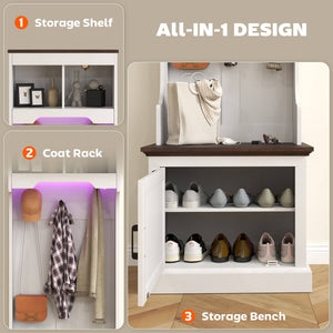 Meuble d'entrée 3 en 1 avec éclairage LED et banc, porte-manteau et rangement pour chaussures, grain de bois blanc
