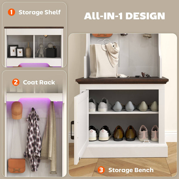 Meuble d'entrée 3 en 1 avec éclairage LED et banc, porte-manteau et rangement pour chaussures, grain de bois blanc
