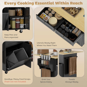 Kitchen trolley with charging station and wheeled lid with waste compartment, black