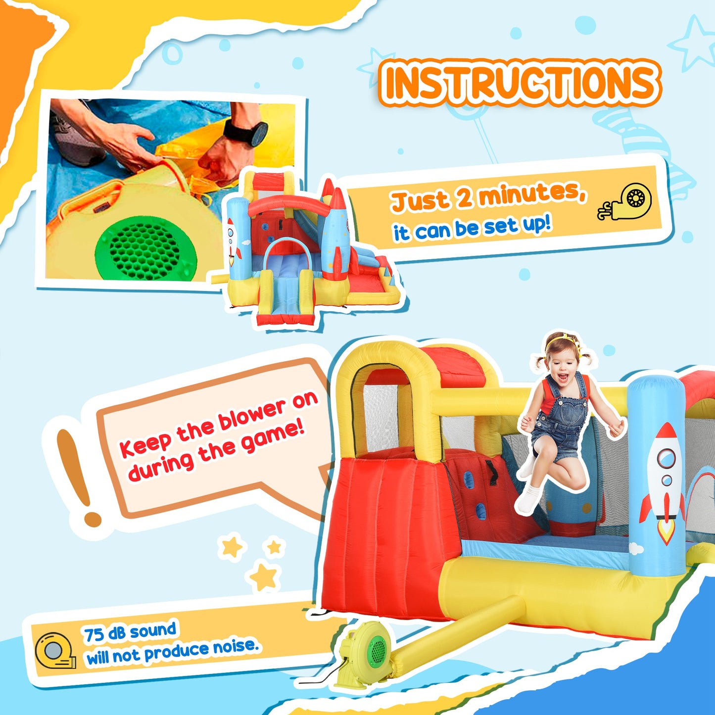 Outsunny Bounce Castle Inflatable Trampoline Slide Pool Rocket Design 11.14' x 9.18' x 6.06'