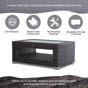 2-Tier Rattan Patio Coffee Table Outdoor Side Table PE Wicker Patio Garden Tea End Desk with Tempered Glass Top & Storage for Balcony, Backyard, Poolside