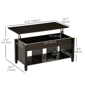 Table basse relevable avec compartiment de rangement dissimulé, 3 étagères inférieures, expresso