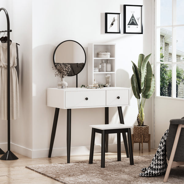 Coiffeuse avec tabouret, tiroirs et étagère, blanc et noir
