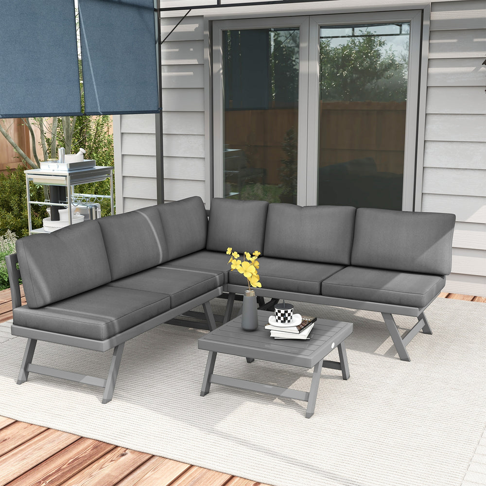 Ensemble de jardin d'angle convertible 4 pièces comprenant 2 canapés, 1 fauteuil d'angle et 1 table basse, gris