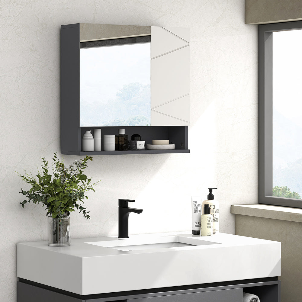 Armoire de salle de bain murale avec miroir, étagère réglable et mécanisme de fermeture amortie, gris clair