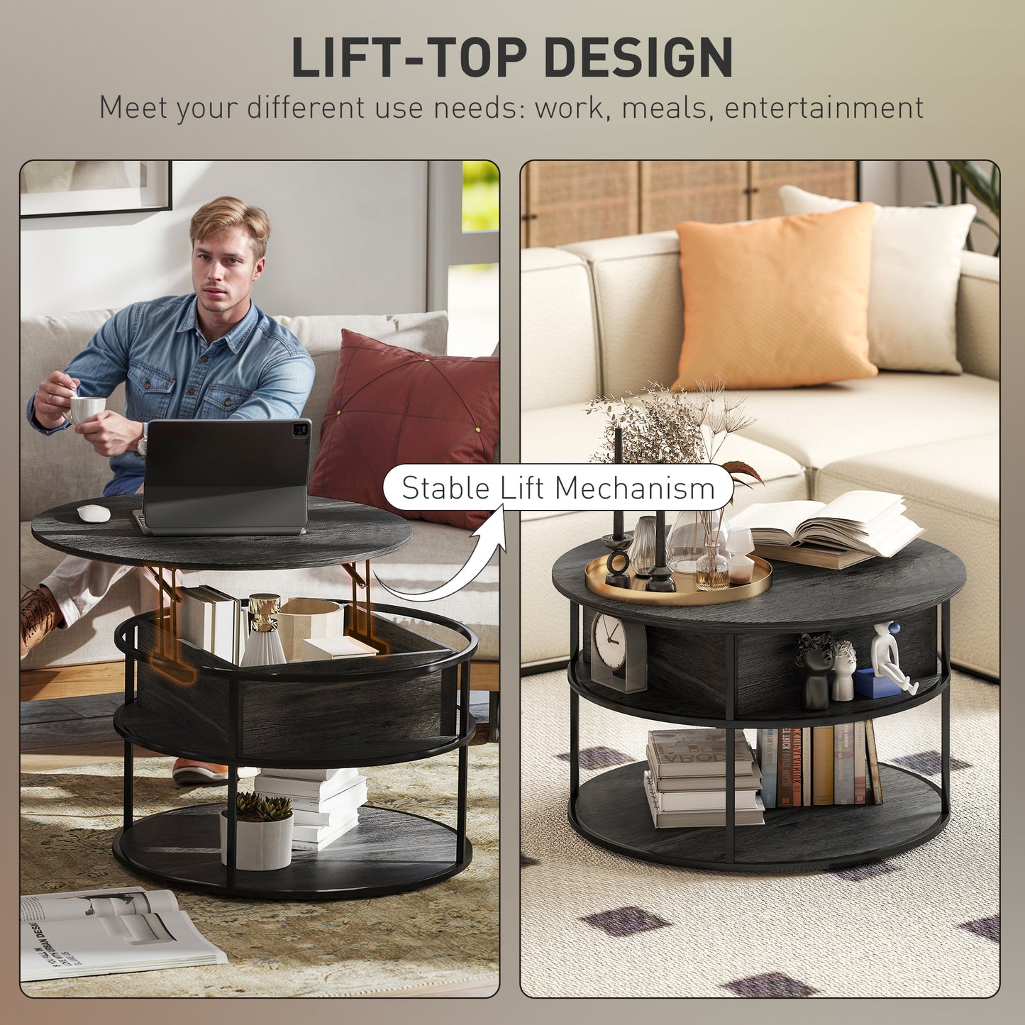 Table basse ronde avec étagère de rangement, compartiment caché et structure en acier, gris foncé vieilli