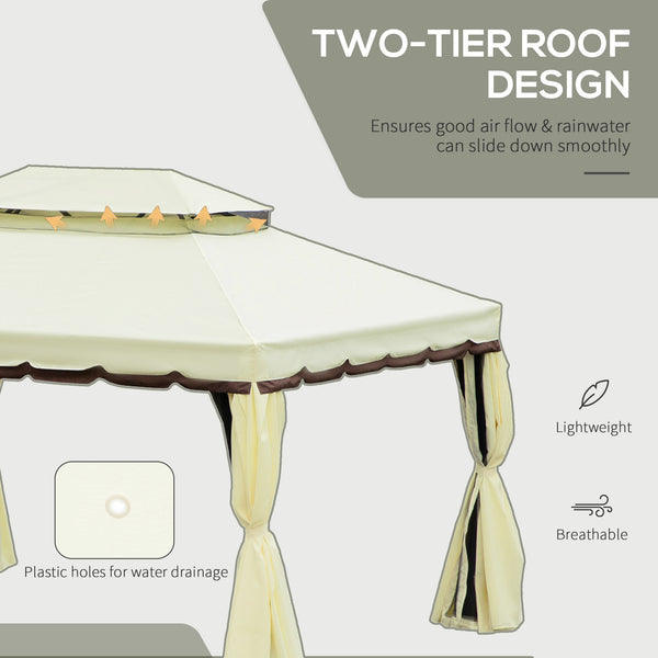 10'x13' Soft-top Aluminum Gazebo Deck Canopy Double Tier Garden Shelter with Netting and Curtains, Cream White