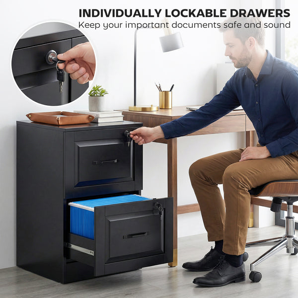 2-drawer vertical file cabinet with lock, with adjustable hanging rails for A4 and Letter sizes, black