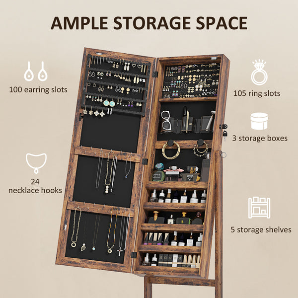 Armoire à bijoux verrouillable avec éclairage LED et rangement, marron rustique