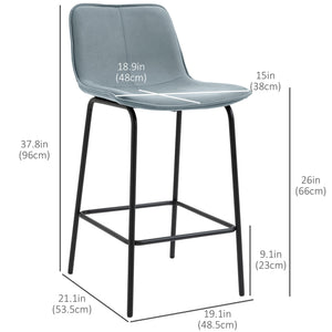 Set of 2 counter height upholstered bar stools with steel legs, light grey