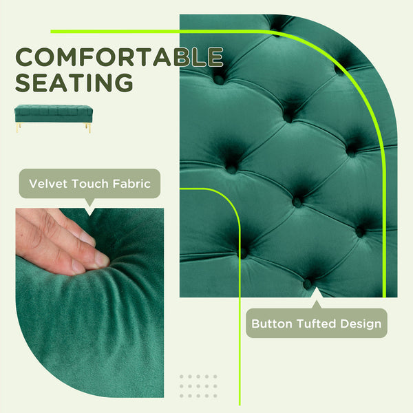 Banc de lit rembourré avec capitonnage à boutons, vert foncé