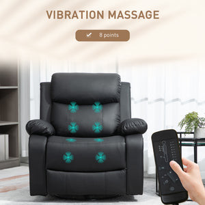 Fauteuil inclinable en cuir synthétique avec massage par vibration, base pivotante, fonction bascule, télécommande, noir