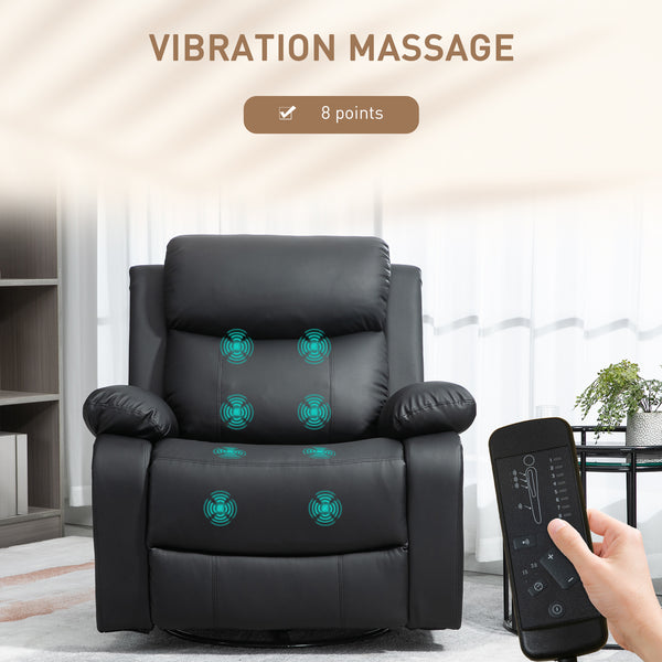 Fauteuil inclinable en cuir synthétique avec massage par vibration, base pivotante, fonction bascule, télécommande, noir
