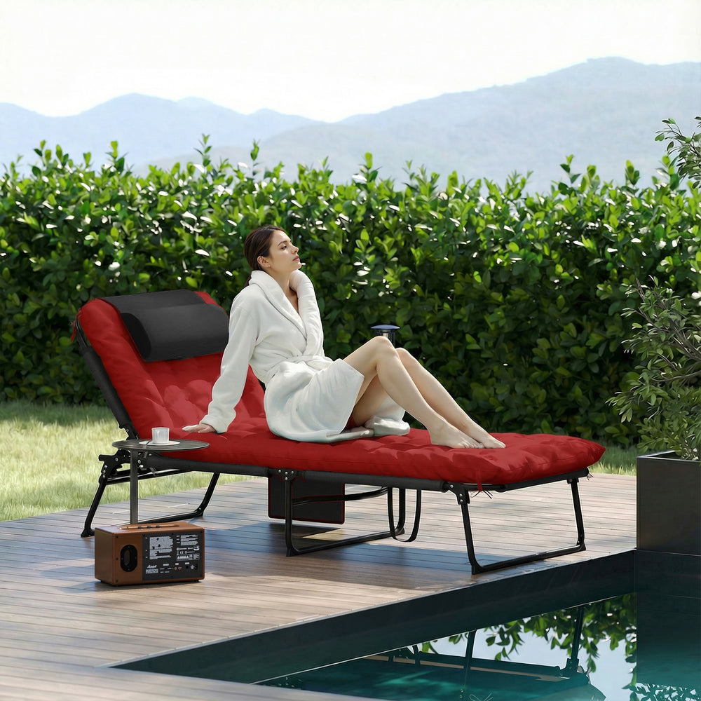 Folding Lounge Chair with 4-level Reclining Back & Cushion, Wine Red