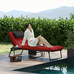 Folding Lounge Chair with 4-level Reclining Back & Cushion, Wine Red