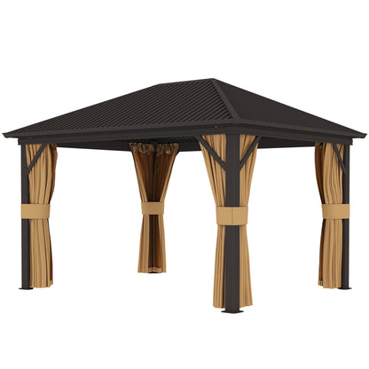 Gazebo 10' x 12' avec toit rigide en métal et cadre en aluminium, filets en maille, marron