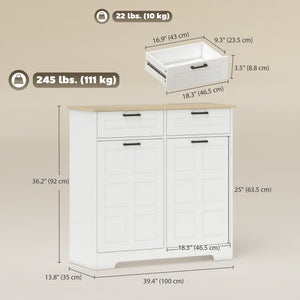 Armoire à poubelle basculante 13 gallon avec 2 tiroirs, étagères de porte et étagères réglables, blanche.