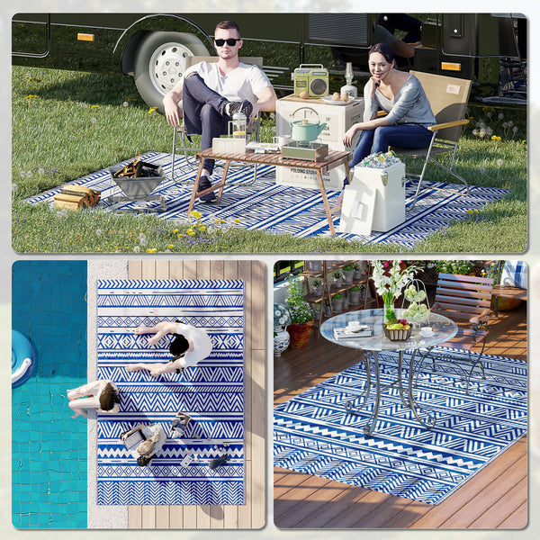 Tapis de sol de patio, tapis en plastique 6' x 9' pour jardin, terrasse, plage, camping, bleu foncé et blanc